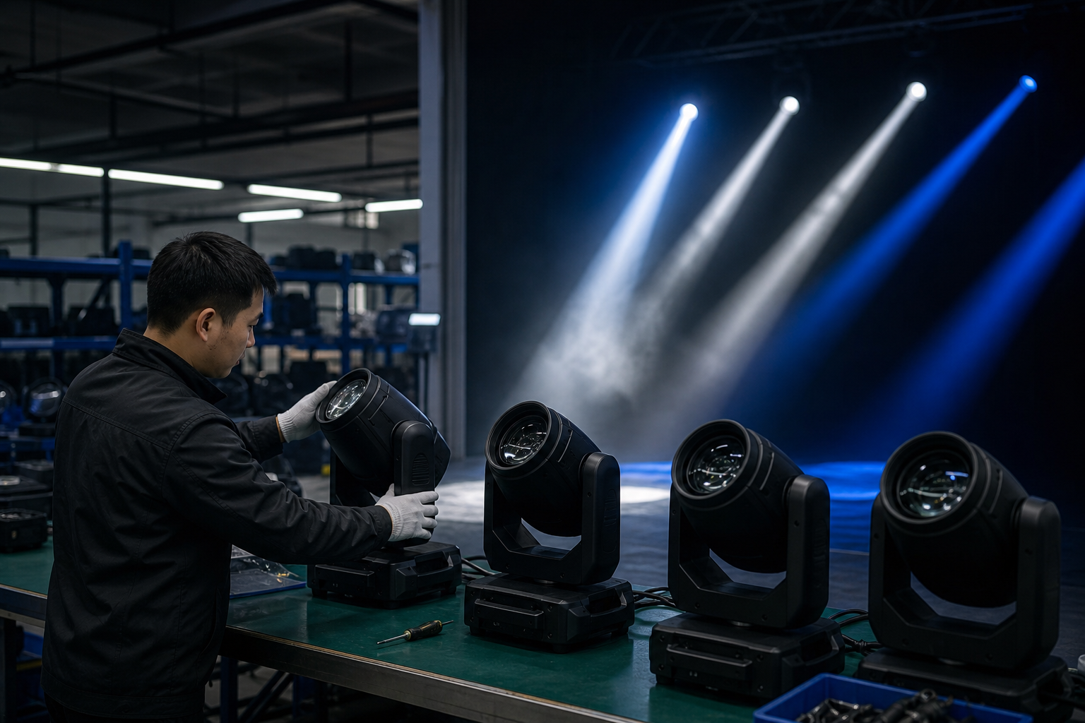 technician testing moving head stage lights at a professional lighting factory
